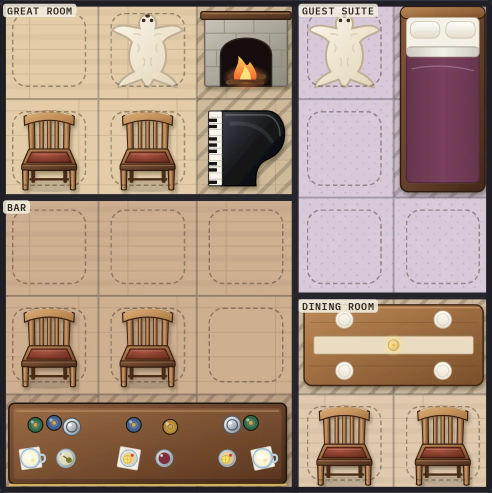 The plan of the case: five by five squares and four rooms. Top left, the Great Room, with a fur rug, a fireplace, two chairs and a piano. Top right, the Guest Suite, with another fur rug and a bed. Bottom left, the Bar, with two chairs and the bar counter. Bottom right, the Dining Room, with a table and two chairs.