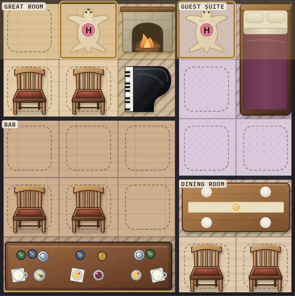 The plan with the top row highlighted and the two fur rugs marked with Helga's initial.