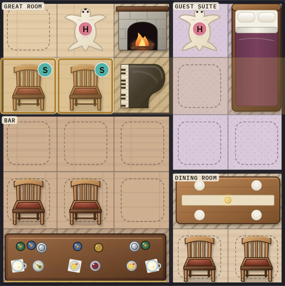 The plan with the second row highlighted and the two chairs of the Great Room marked with Sven's initial.