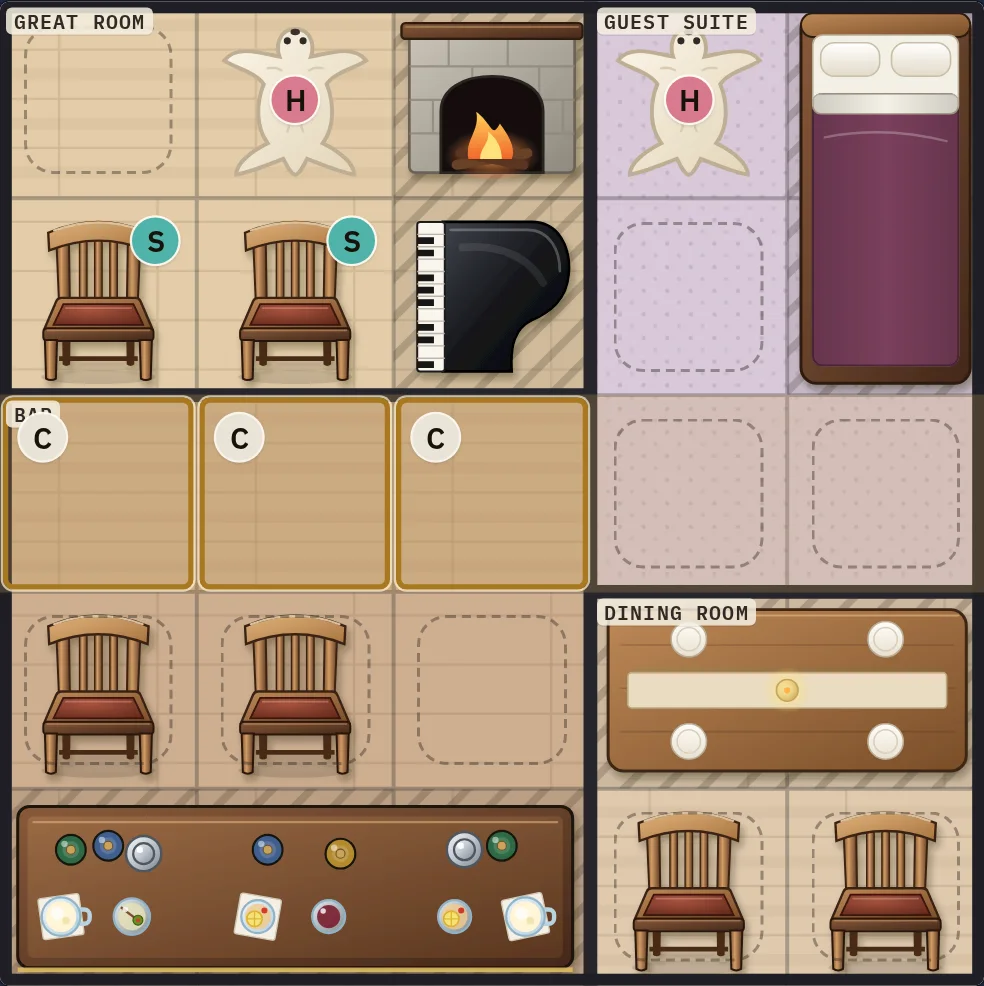 The plan with the third row highlighted and the three squares of the Bar in that row marked with Chip's initial.