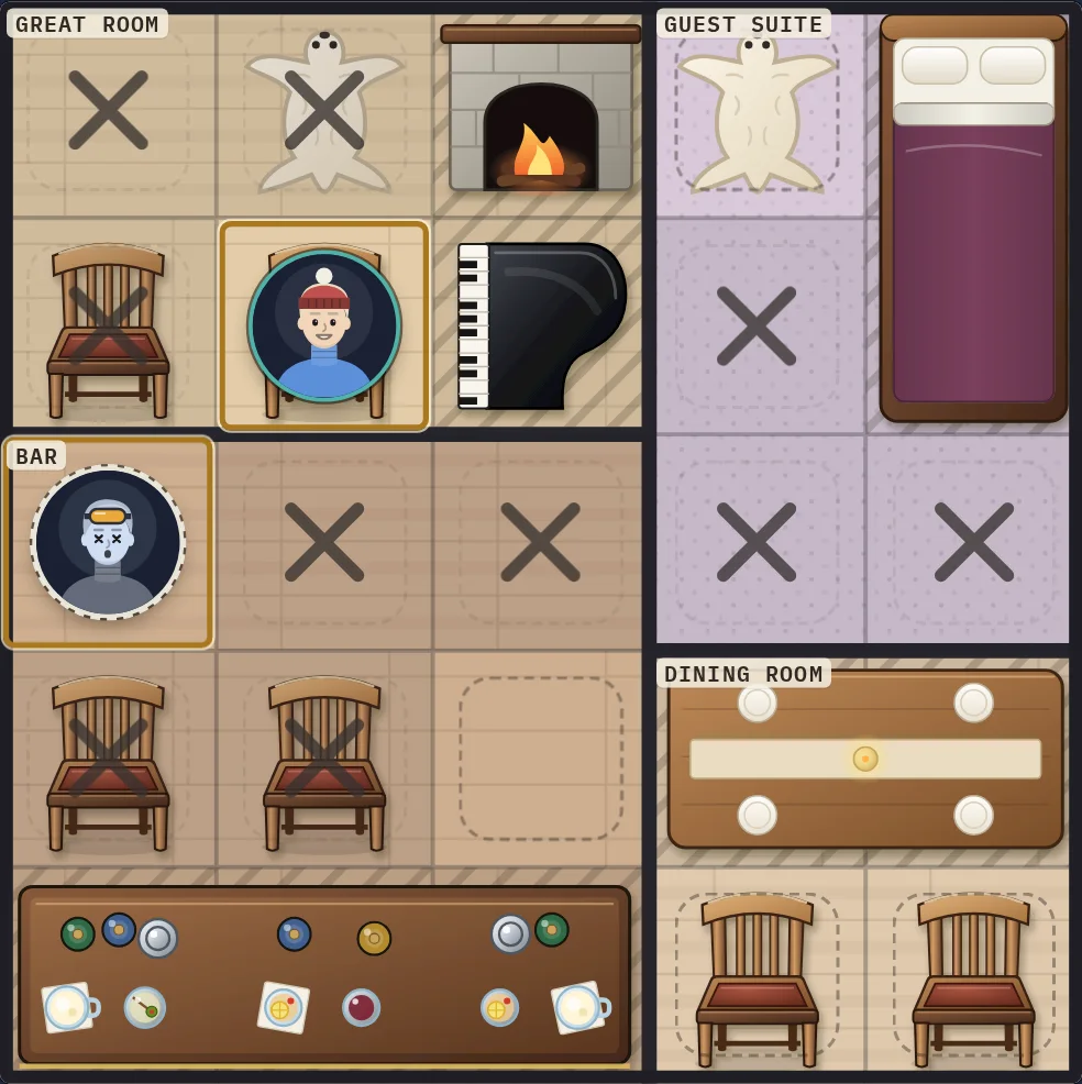 Sven sitting on the right-hand chair of the Great Room and Chip in the corner of the Bar. The squares of their rows and columns are crossed out.